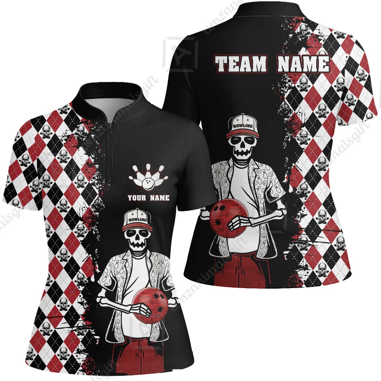 Bowling Custom Women Jersey Shirt - Custom Name Argyle Pattern Skull Bowling Personalized Bowling Polo Shirt - Gift For Friend, Family, Bowling Lovers