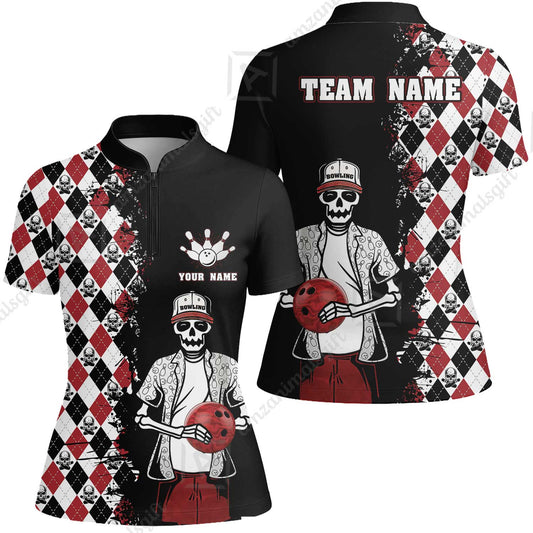 Bowling Custom Women Jersey Shirt - Custom Name Argyle Pattern Skull Bowling Personalized Bowling Polo Shirt - Gift For Friend, Family, Bowling Lovers