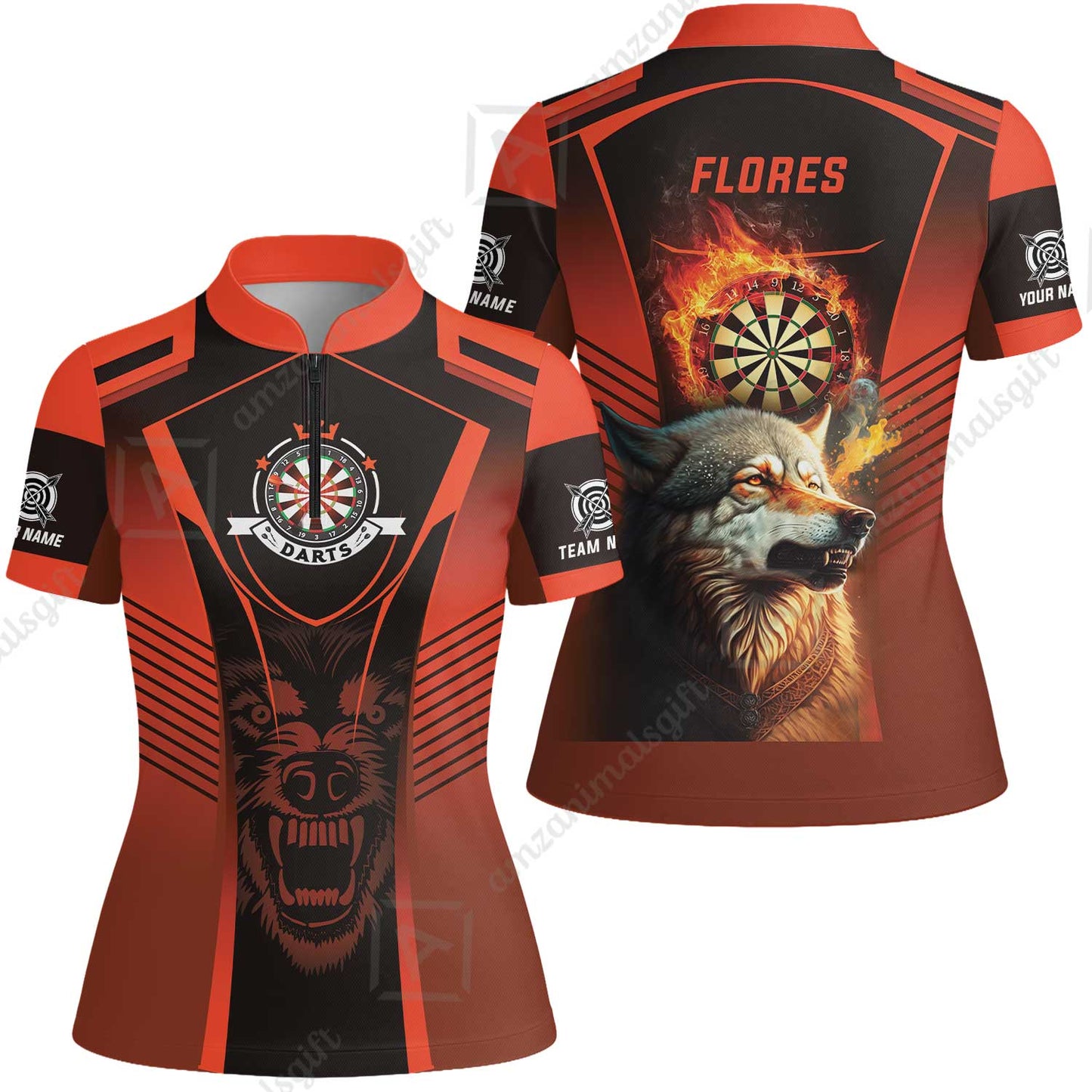 Custom Name Darts Men Polo Shirt, Orange Wolf Dartboard Personalized Polo Shirts, Gift For Men, Darts Lovers, Darts Players