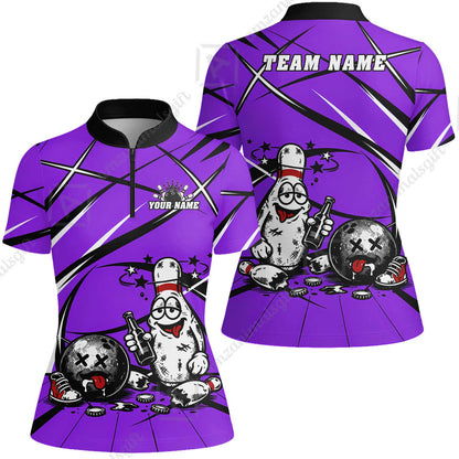 Custom Bowling Jersey Polo Shirt, Drunk Bowling Pin And Ball, Custom Bowling Jersey Team Shirt For Players With Name & Team Name