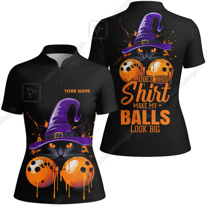 Custom Bowling Jersey Polo Shirt, Witch Cat Bowling, Does This Shirt Make My Balls Look Big, Personalized Name And Team Name