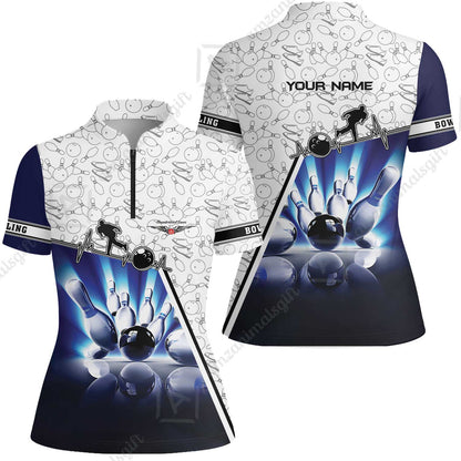 Customized Name Bowling Polo Shirt, Personalized Unique Design Blue Heartbeat Bowling Polo Shirt
