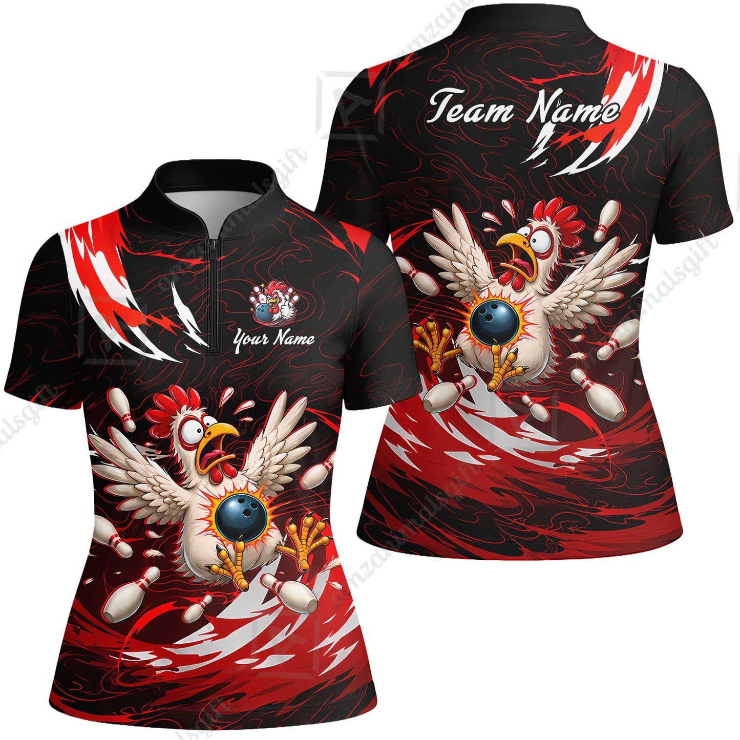 Customized Bowling Shirt, Crazy Chicken, Personalized Polo Shirt For Players With Name & Team Name