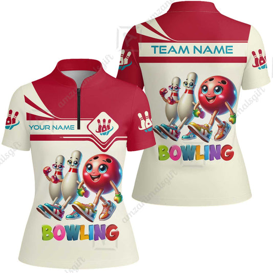 Customized Bowling Women Jersey Shirt, Bowling Ball and Pins Together Women Jersey Shirt Uniform For Bowlers, Bowling Team