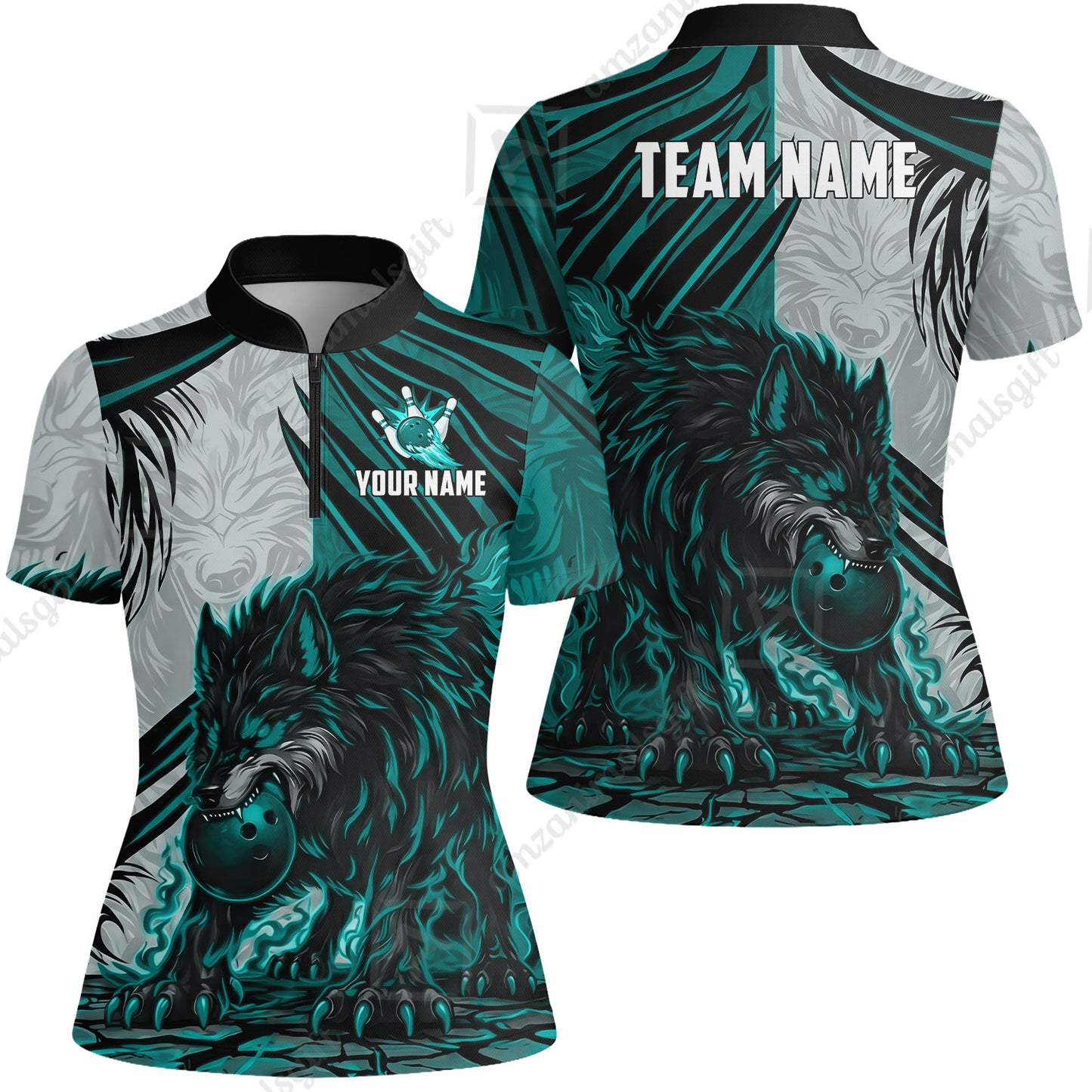 Custom Bowling Jersey Polo Shirt, Lone Wolf Strike & Emerald Frost, Custom Bowling Jersey Team Shirt For Players With Name & Team Name
