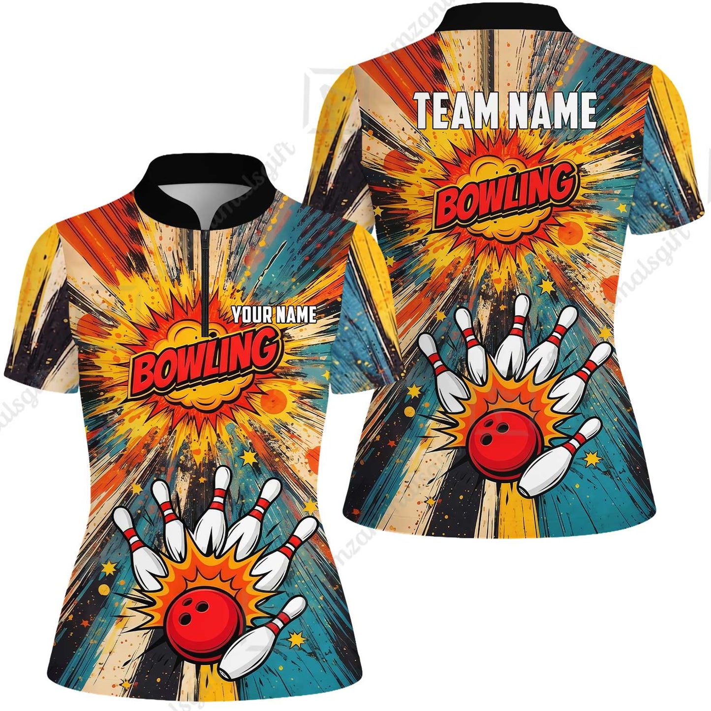 Custom Bowling Jersey Polo Shirt, Retro Comic Book Explosion, Custom Bowling Jersey Team Shirt For Players With Name and Team Name