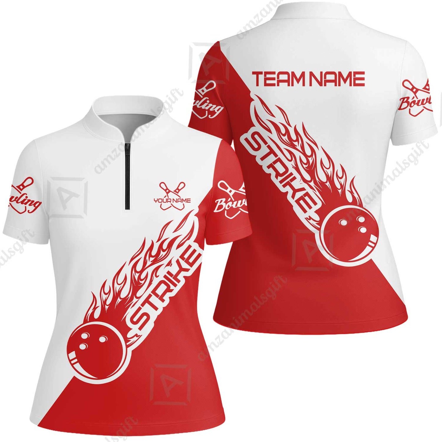 Bowling Customized Jersey Polo White Red Shirt Strike Ball Bowling Tenpin Quarter Zip Shirt For Bowlers, Bowling Team