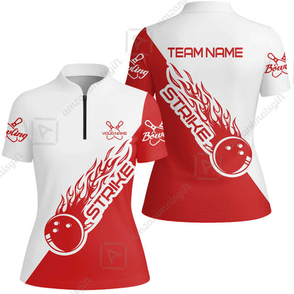 Bowling Customized Jersey Polo White Red Shirt Strike Ball Bowling Tenpin Quarter Zip Shirt For Bowlers, Bowling Team