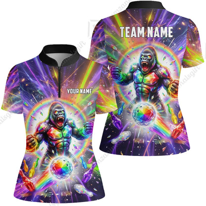 Custom Bowling Jersey Polo Shirt, Rainbow Gemstone Gorilla, Custom Bowling Jersey Team Shirt For Players With Name and Team Name