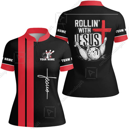 Custom Bowling Jersey Polo Shirt, Rollin With Jesus Bowling Custom Bowling Jersey Team Shirt For Players With Name & Team Name