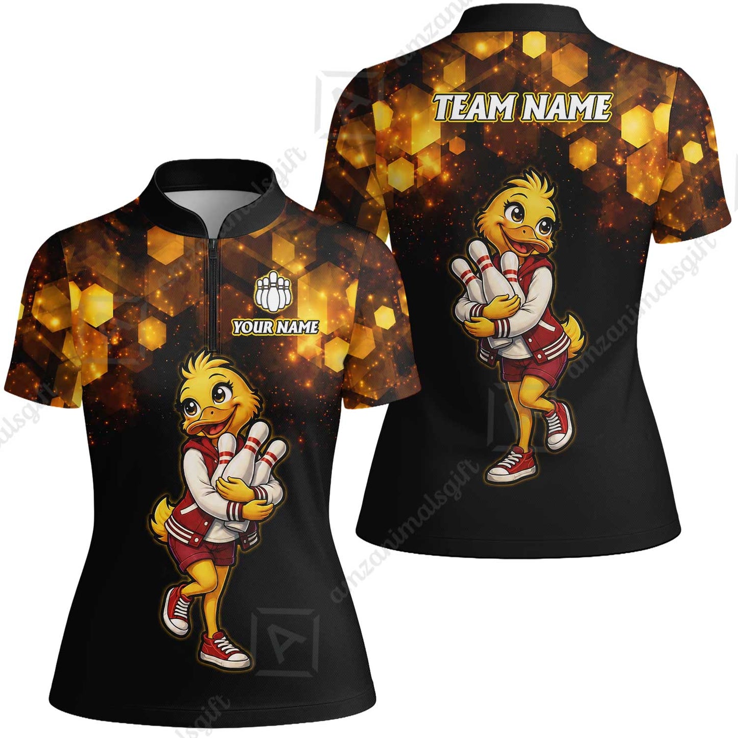 Custom Bowling Jersey Polo Shirt, Golden Glow Varsity Duckling Mascot, Custom Bowling Jersey Team Shirt For Players With Name and Team Name