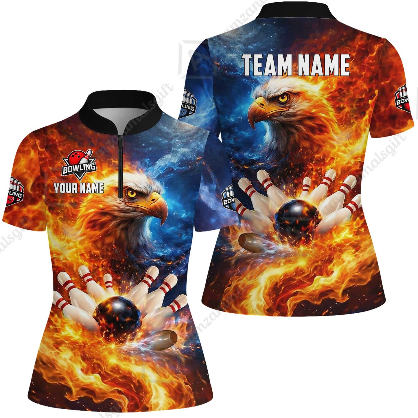 Custom Bald Eagle and Fire Bowling Jersey Polo Shirt, Custom Bald Eagle and Fire Bowling Jersey Team Shirt For Players With Name & Team Name