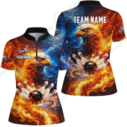 Custom Bald Eagle and Fire Bowling Jersey Polo Shirt, Custom Bald Eagle and Fire Bowling Jersey Team Shirt For Players With Name & Team Name