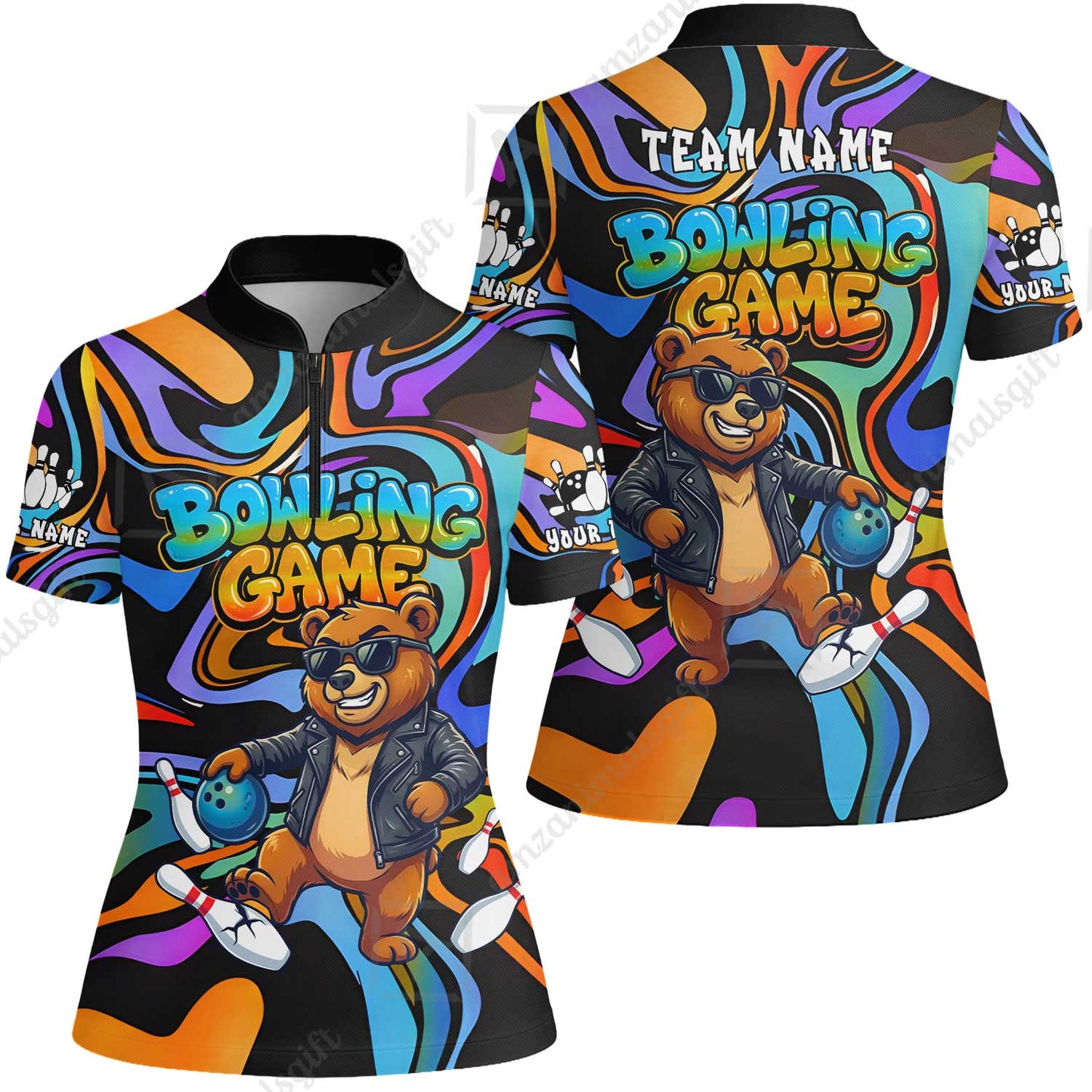 Custom Bowling Jersey Polo Shirt, Trippy Swirl Rocker Bear Graffiti Style, Custom Bowling Jersey Team Shirt For Players With Name & Team Name