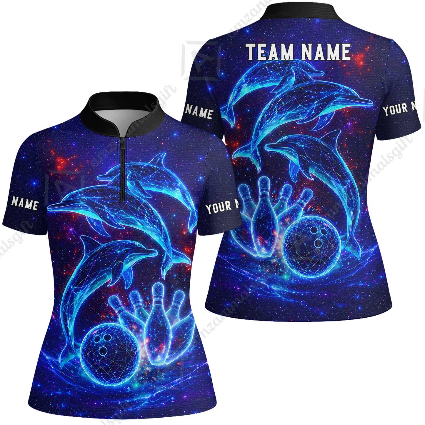 Customized Bowling Shirt, Cosmic Dolphin, Personalized Polo Shirt For Players With Name & Team Name