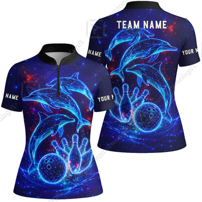 Customized Bowling Shirt, Cosmic Dolphin, Personalized Polo Shirt For Players With Name & Team Name