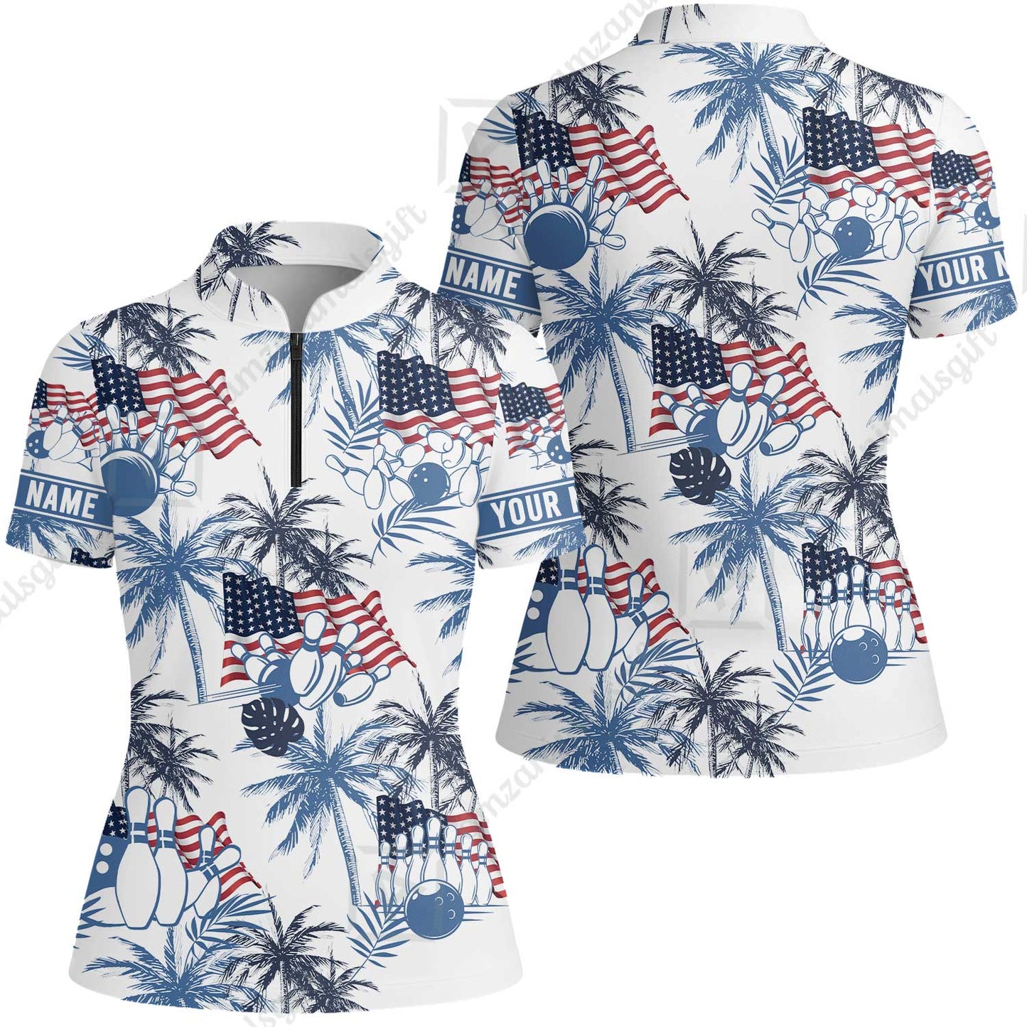 Customized Tropical American-style Bowling Women Jersey Shirt With Palm Trees, Flags – Perfect For Summer Bowling Vibes