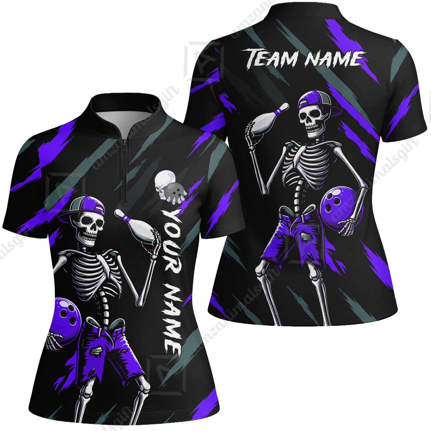 Customized Bowling Shirt, Bad Boy Skeleton Bowler, Personalized Polo Shirt For Players With Name & Team Name