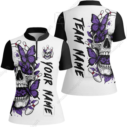 Custom Bowling Jersey Polo Shirt, Skull With Butterfly, Custom Bowling Jersey Team Shirt For Players With Name and Team Name