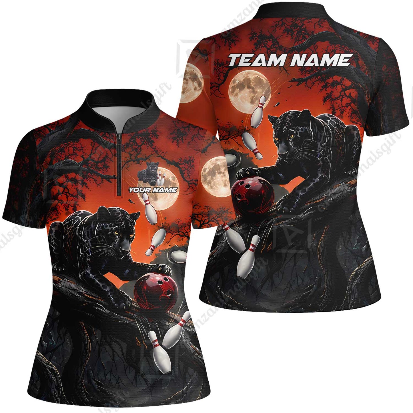 Customized Bowling Shirt, Midnight Panther, Personalized Polo Shirt For Players With Name & Team Name