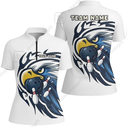 Custom Bowling Jersey Polo Shirt, Majestic Blue Eagle Mascot, Custom Bowling Jersey Team Shirt For Players With Name and Team Name