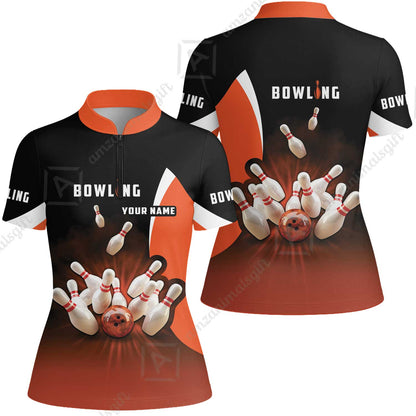 Customized Bowling Women Polo Shirt, Ten Pin Strike Bowling Personalized Orange Black Shirt For Friend, Family, Bowling Players