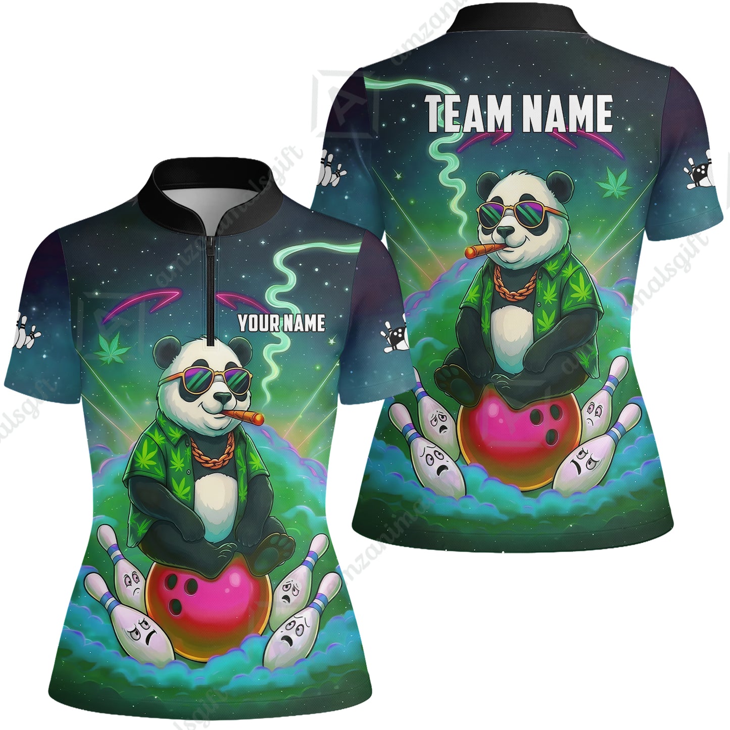Custom Bowling Jersey Polo Shirt, Chill Panda & Cosmic Vibe, Custom Bowling Jersey Team Shirt For Players With Name & Team Name