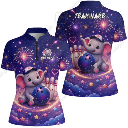 Custom Bowling Jersey Polo Shirt, Cute Elephant Holding Ball, Personalize Name and Team Name