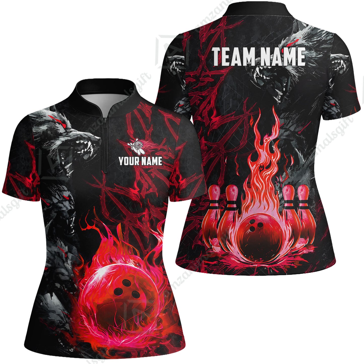 Custom Bowling Jersey Polo Shirt, Hellfire Werewolf & Crimson Strike, Custom Bowling Jersey Team Shirt For Players With Name & Team Name
