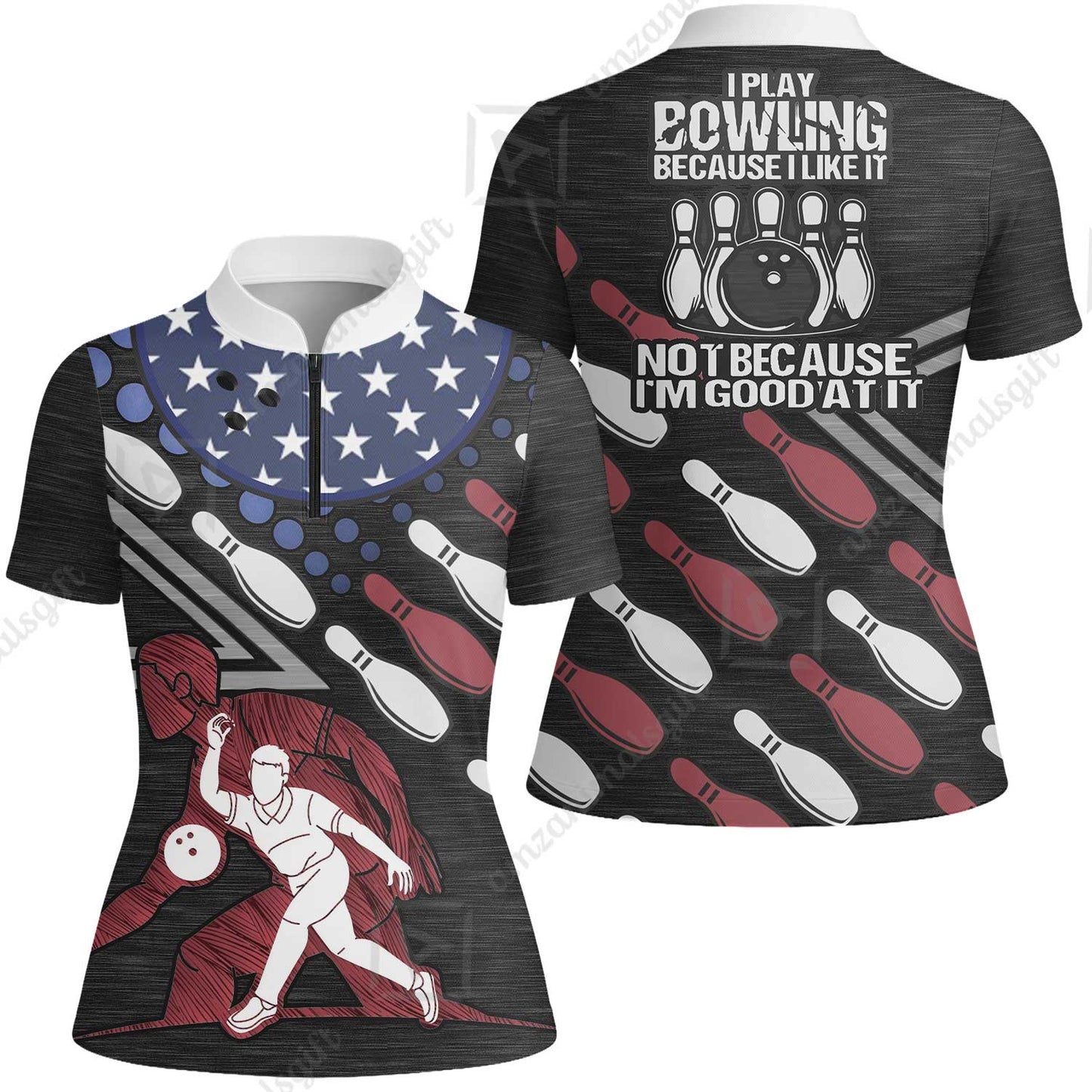 Customized Bowling Polo Shirt - I Play Bowling Because I Like It , American Flag Bowling Team Jersey Polo Shirts - Bowling Team Uniforms Jerseys