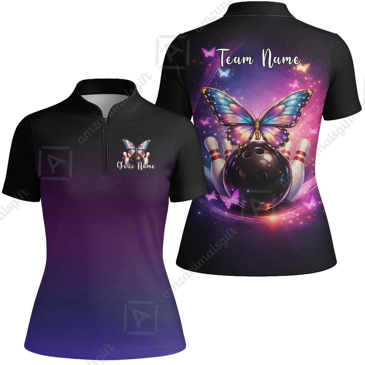 Custom Bowling Polo Shirt, Midnight Butterfly Bowling, Custom Bowling Polo Team Shirt With Name & Team Name