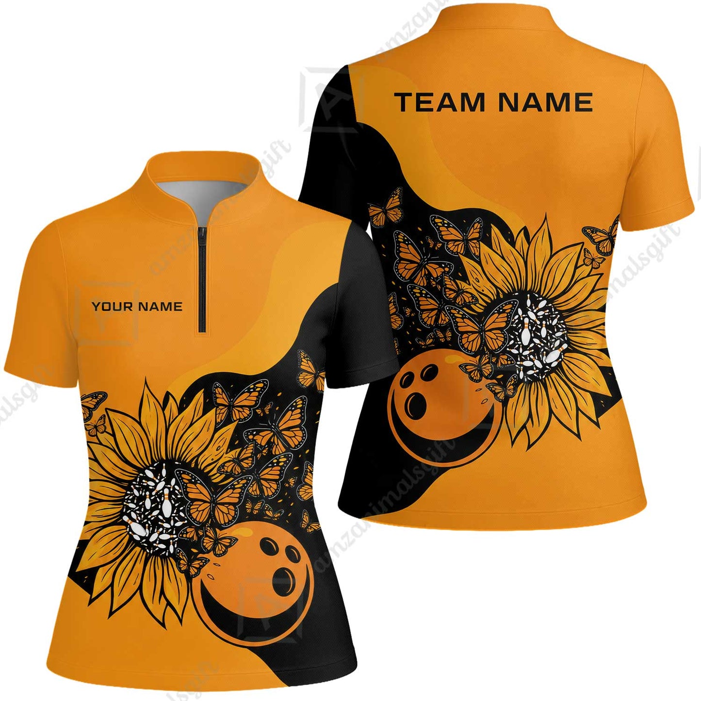 Custom Bowling Jersey Polo Shirt, Radiant Sunflower Butterfly Bloom, Custom Bowling Jersey Team Shirt For Players With Name and Team Name