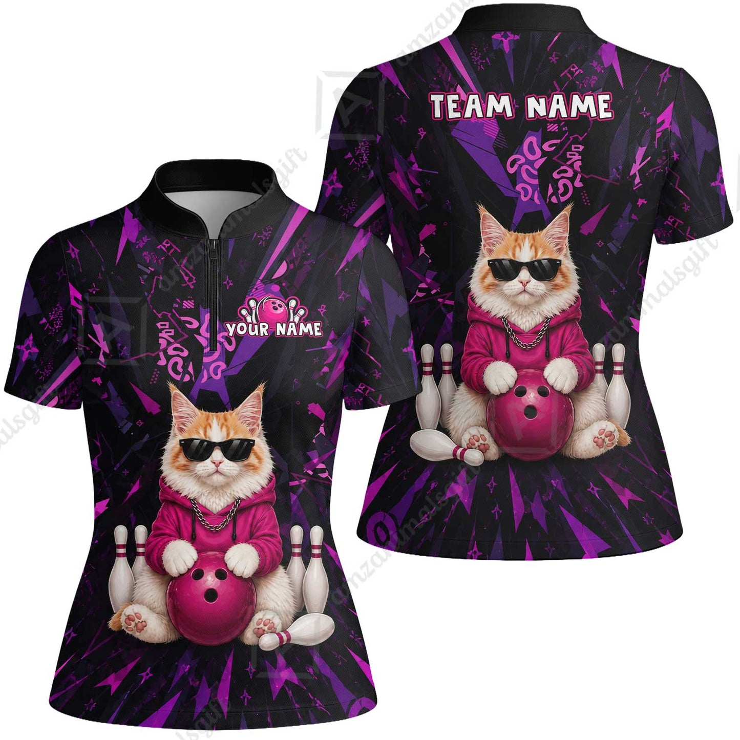 Custom Bowling Jersey Polo Shirt, Neon Hip Cat, Custom Bowling Jersey Team Shirt For Players With Name and Team Name