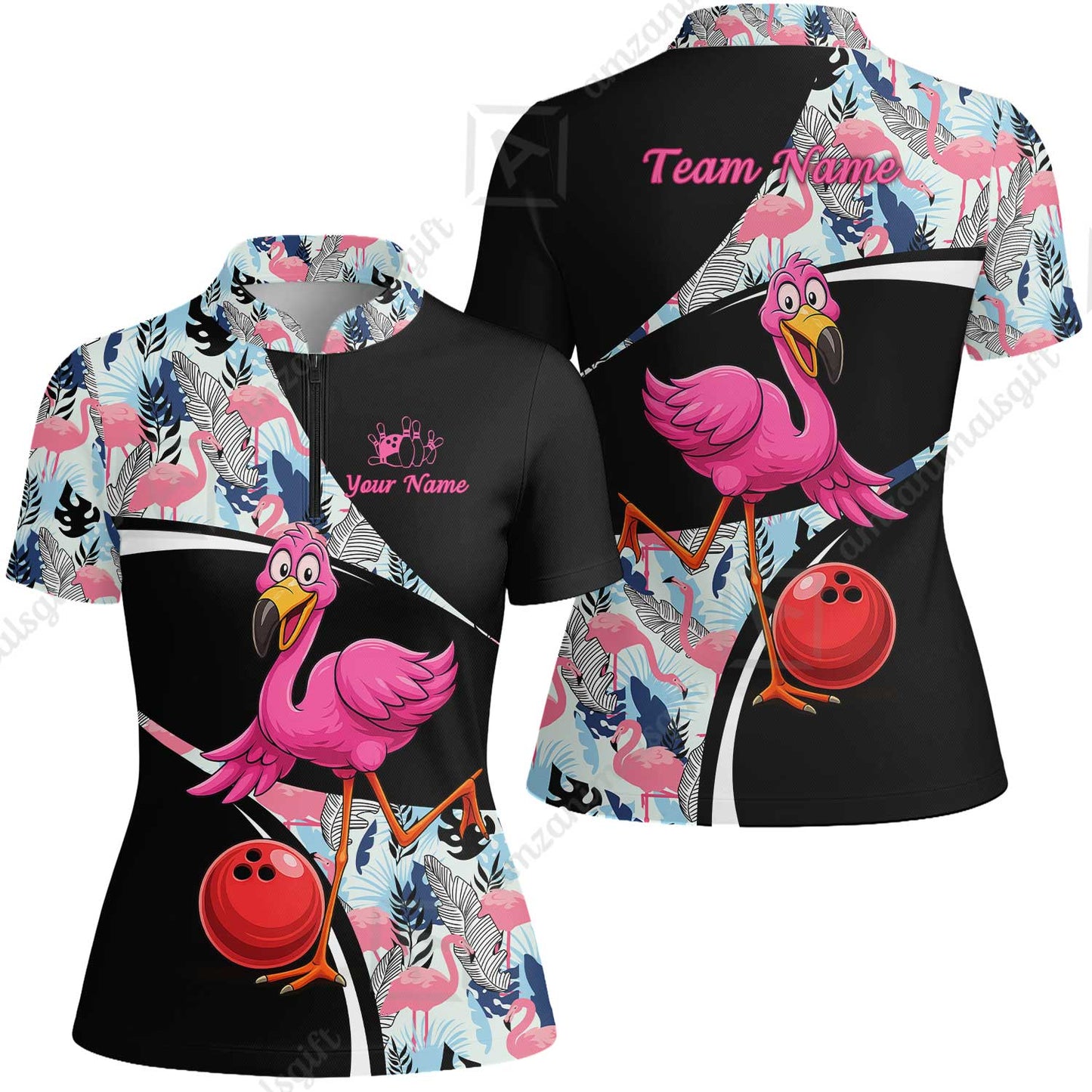 Custom Funny Cartoon Flamingo Bowling Jersey Polo Shirt, Custom Funny Cartoon Flamingo Bowling Jersey Team Shirt For Players With Name & Team Name