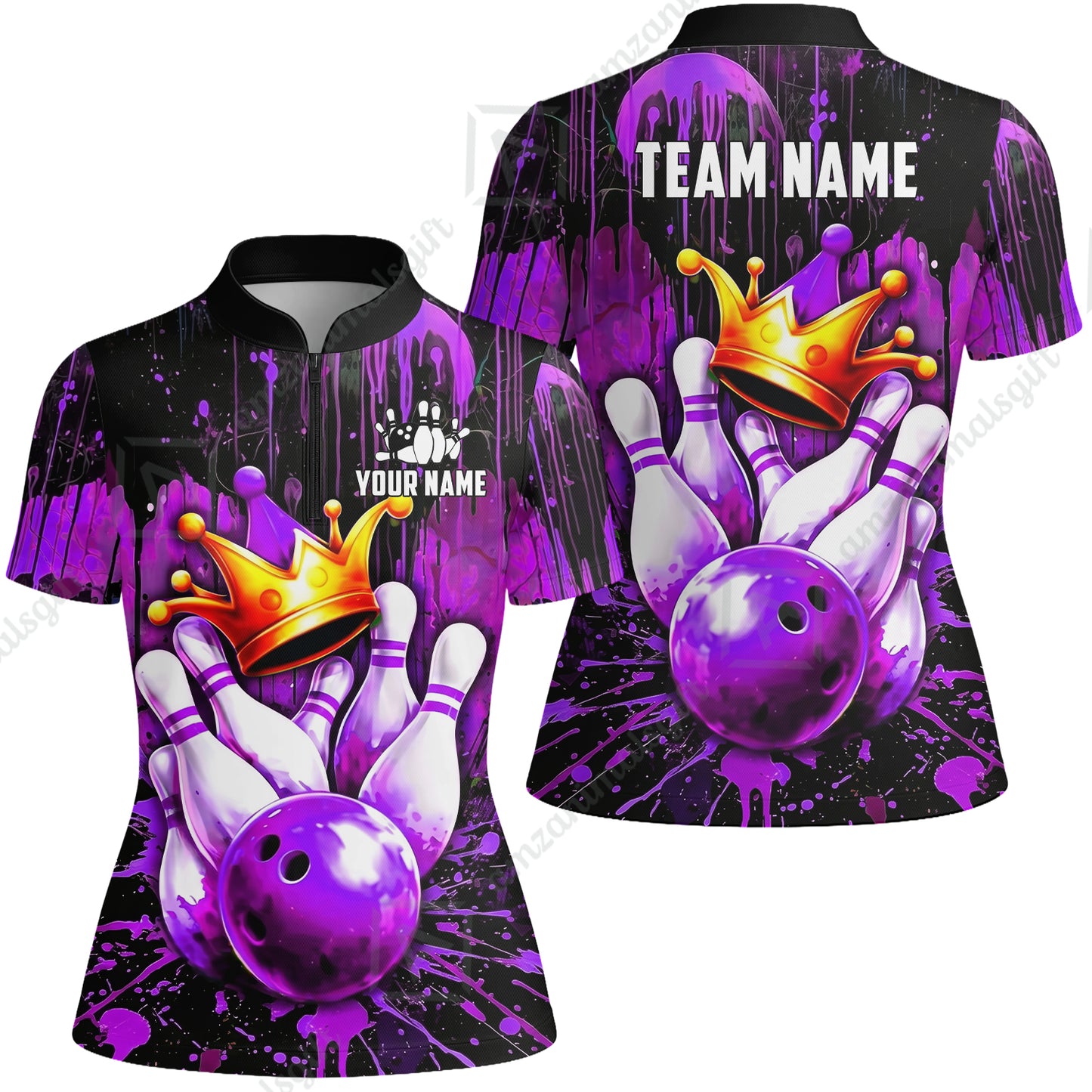 Custom Bowling Jersey Polo Shirt, Neon King Crown, Custom Bowling Jersey Team Shirt For Players With Name and Team Name