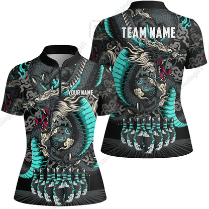 Custom Bowling Jersey Polo Shirt, Oriental Jade Dragon & Classic Clouds, Custom Bowling Jersey Team Shirt For Players With Name & Team Name