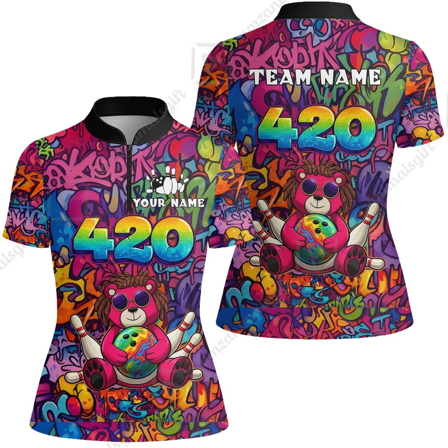 Custom Bowling Jersey Polo Shirt, 420 Graffiti Stoner Bear Colorful Street Art, Custom Bowling Jersey Team Shirt For Players With Name & Team Name