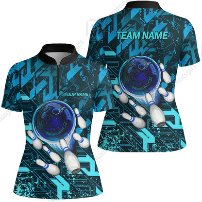 Customized Blue Metric Abstract Bowling Team Jersey, Personalized Name Bowling Quarter-Zip Uniforms For Bowlers, Team League