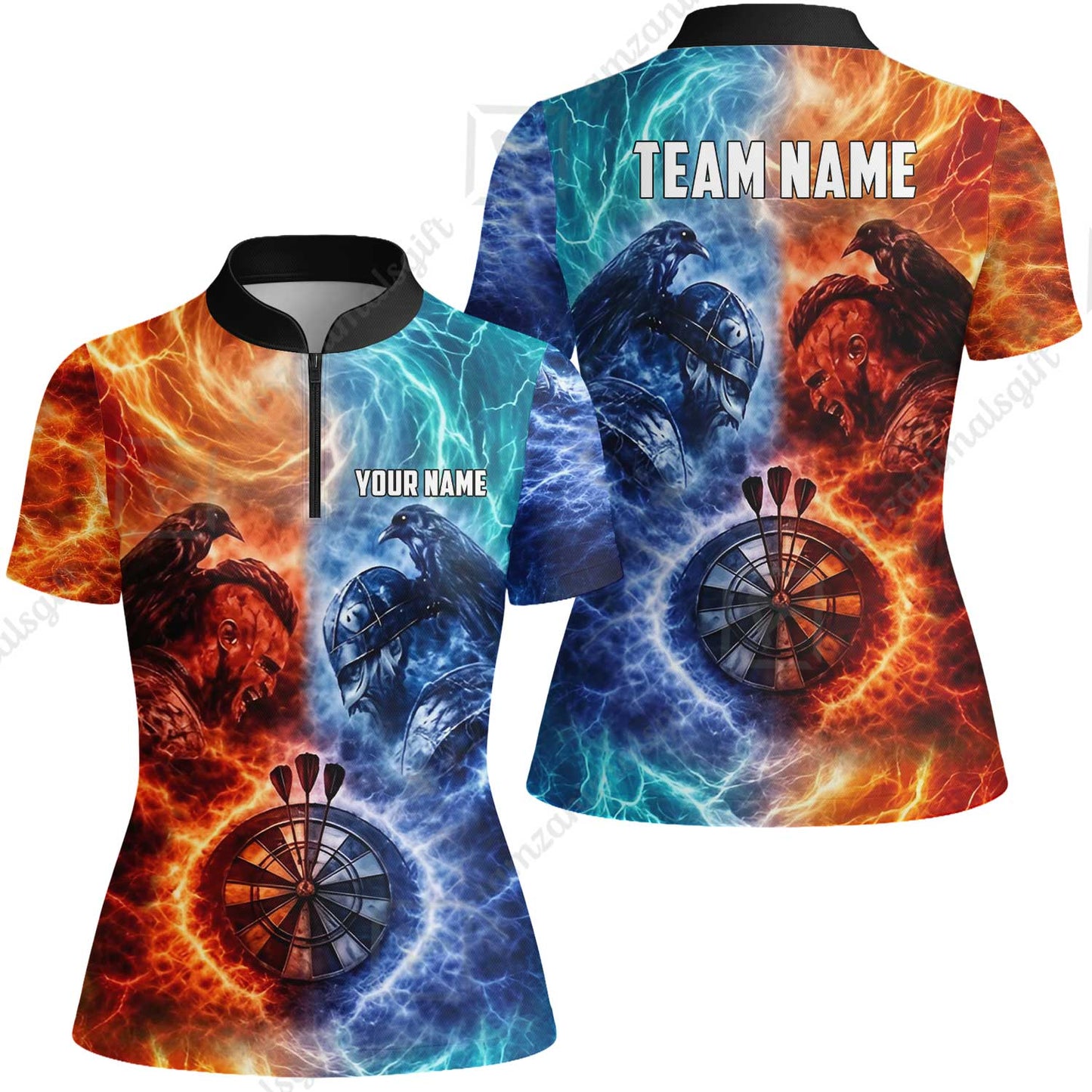 Custom Darts Team Jersey, Personalized Fire Ice Raven Darts Polo Shirt For Players With Name & Team Name