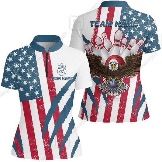Customized Patriotic Bowling Women Jersey Shirt, American Flag & Eagle Claw-mark Women Jersey Shirt, Perfect For Bowling Team