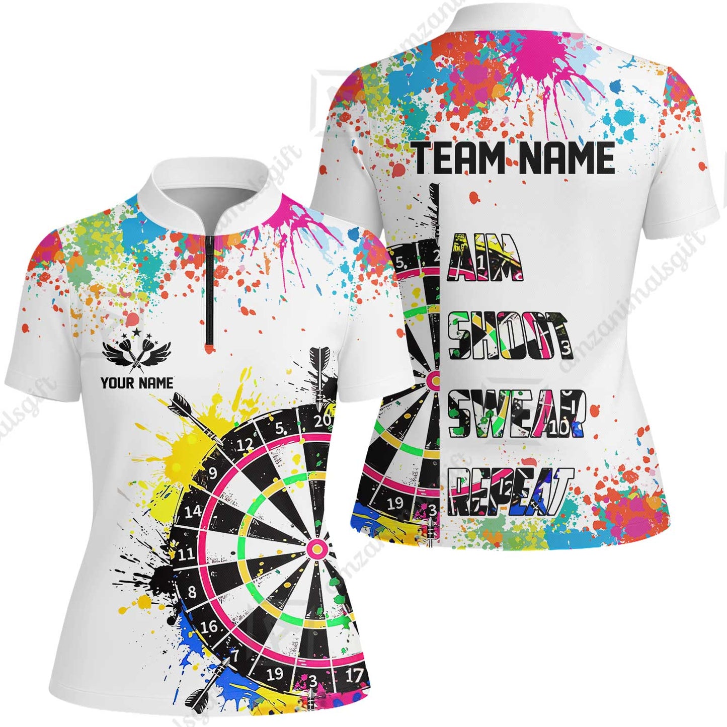 Custom Funny Dartboards Colorful Paint Quarter Zip Polo Team Shirts, Custom Aim Shoot Swear Repeat Darts Team Jerseys Uniform - White