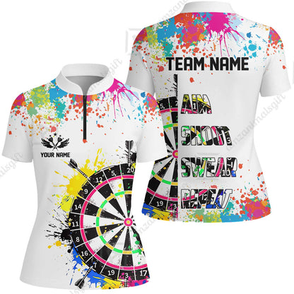 Custom Funny Dartboards Colorful Paint Quarter Zip Polo Team Shirts, Custom Aim Shoot Swear Repeat Darts Team Jerseys Uniform - White