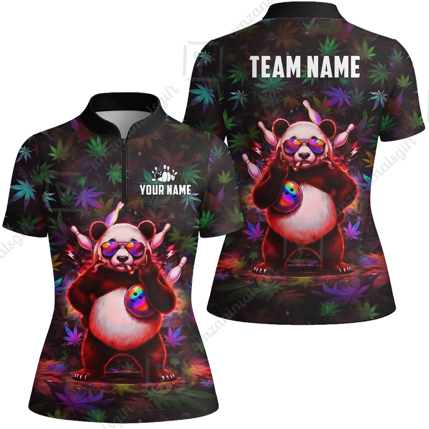 Custom Bowling Jersey Polo Shirt, Badass Stoner Panda & Psychedelic Leaves, Custom Bowling Jersey Team Shirt For Players With Name & Team Name