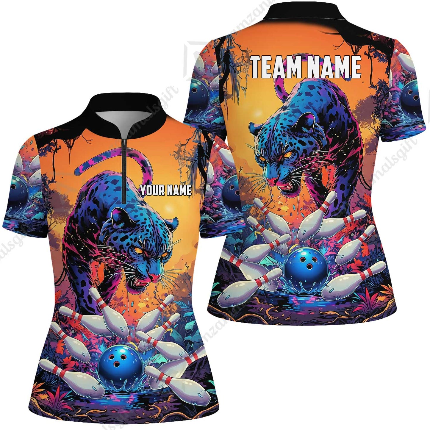 Custom Bowling Jersey Polo Shirt, Psychedelic Neon Jungle Jaguar, Custom Bowling Jersey Team Shirt For Players With Name and Team Name