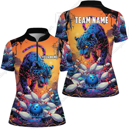 Custom Bowling Jersey Polo Shirt, Psychedelic Neon Jungle Jaguar, Custom Bowling Jersey Team Shirt For Players With Name and Team Name