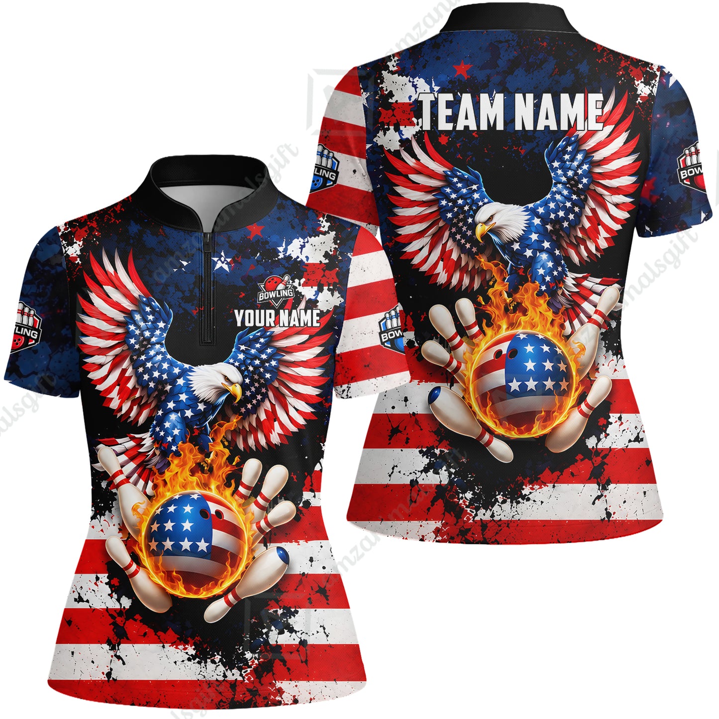 Customized USA Bald Eagle Fire Ball Bowling Jersey, Custom Name And Team Name For Bowlers