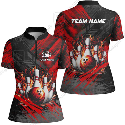 Custom Bowling Team Quarter-Zip Polo Shirt, Personalized Flame Bowling Jersey with Name & Team Name for Men & Women
