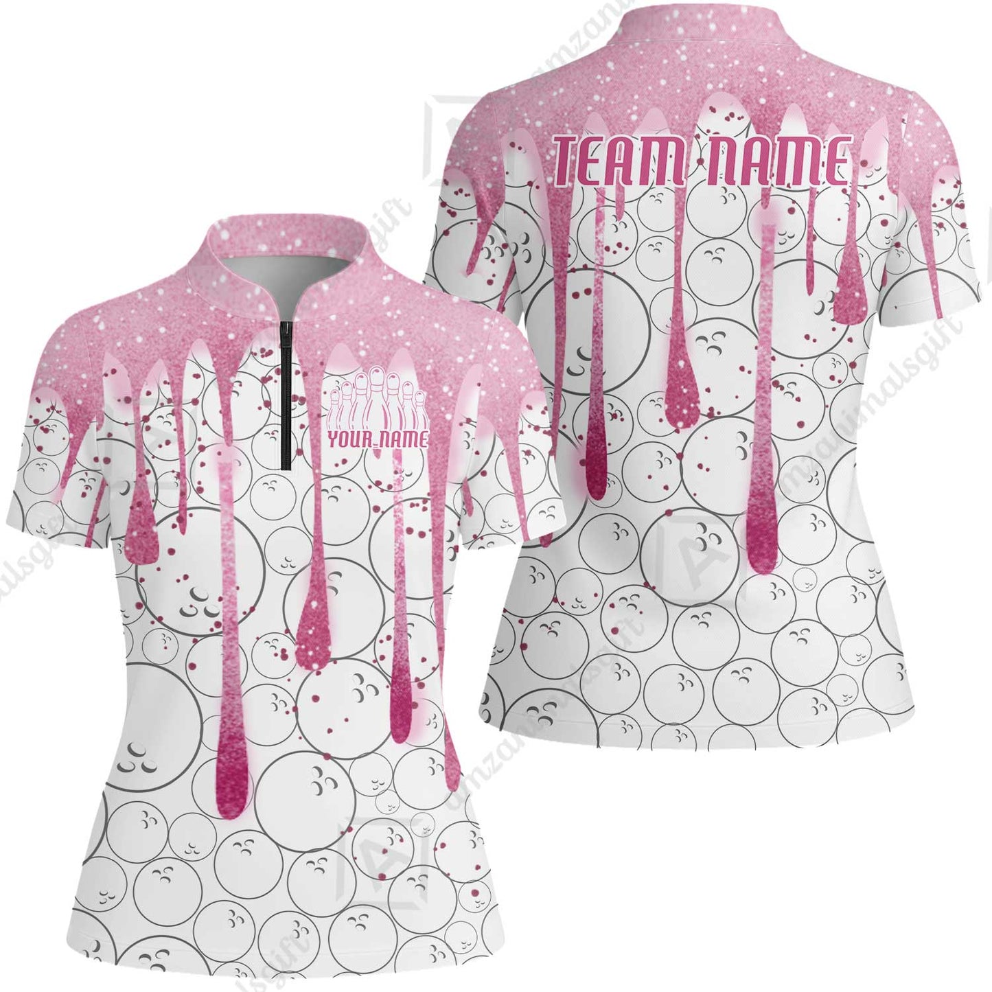 Custom Pink Glitter Bowling Team Women Polo Shirts, Custom Glitter Bowling Team Uniforms Jerseys, Bowling Ball Polo Personalized Name And Team Name