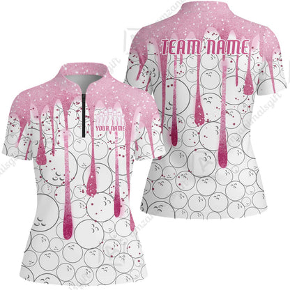 Custom Pink Glitter Bowling Team Women Polo Shirts, Custom Glitter Bowling Team Uniforms Jerseys, Bowling Ball Polo Personalized Name And Team Name