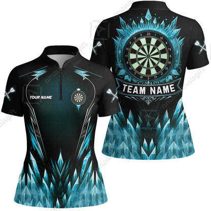 Custom Blue Ice Dartboard Jersey Polo Quarter-Zip Team Shirts, Customized Name Team Name Darts Team Jerseys Uniform